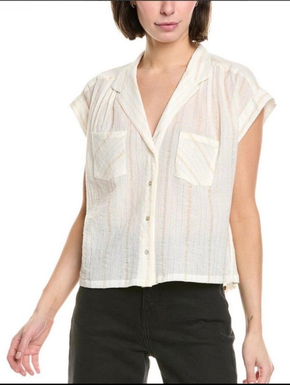 Mother The Line Your Pockets Short-Sleeve Button Front Top Boxy Casual Luxury